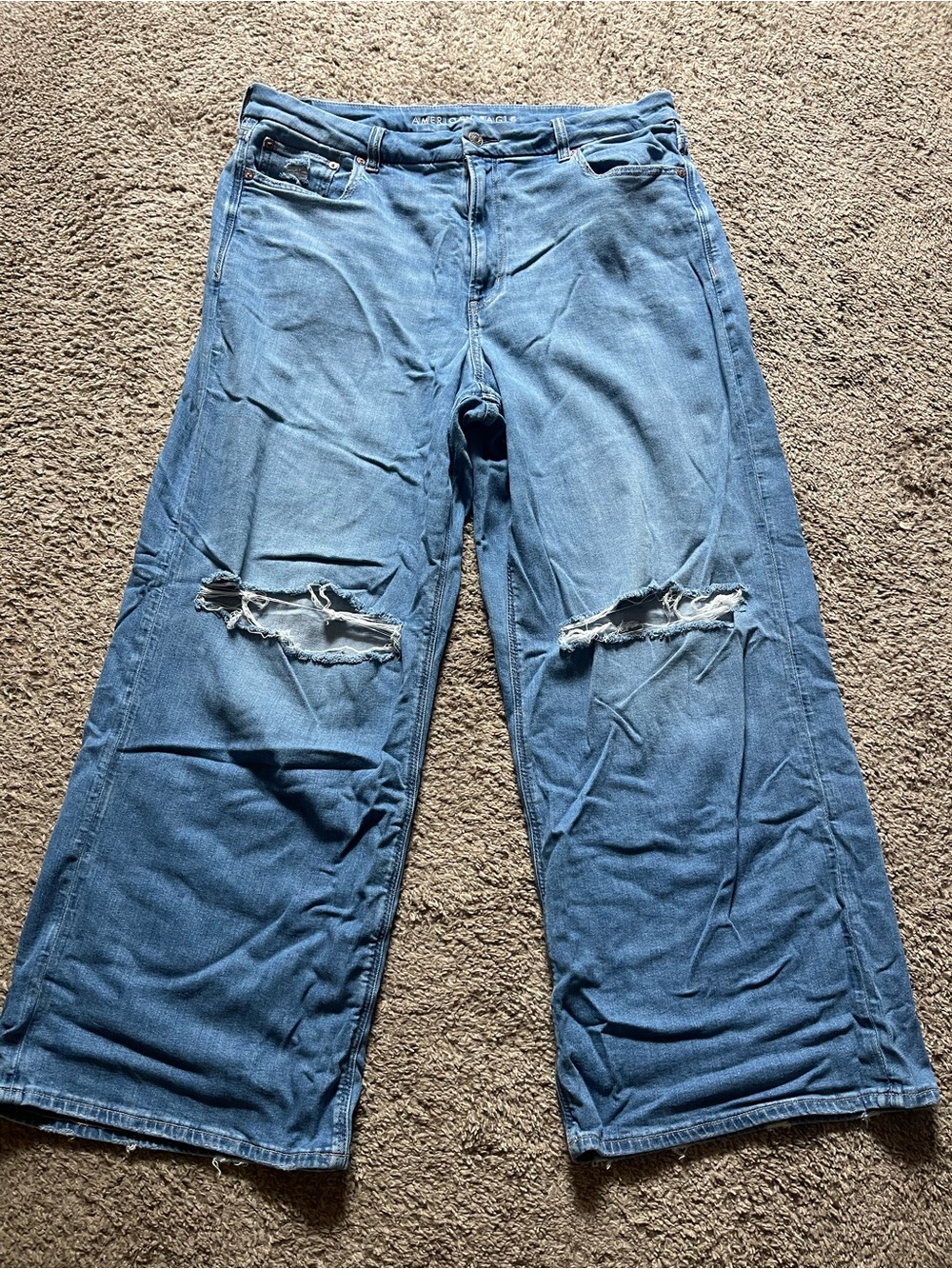 American Eagle Outfitters Wide-Leg Distressed Blue Jeans